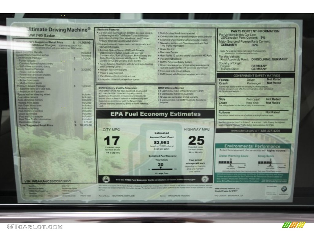 2012 BMW 7 Series 740i Sedan Window Sticker Photo #56359878