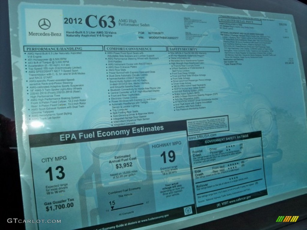 2012 Mercedes-Benz C 63 AMG Edition 1 Sedan Window Sticker Photos