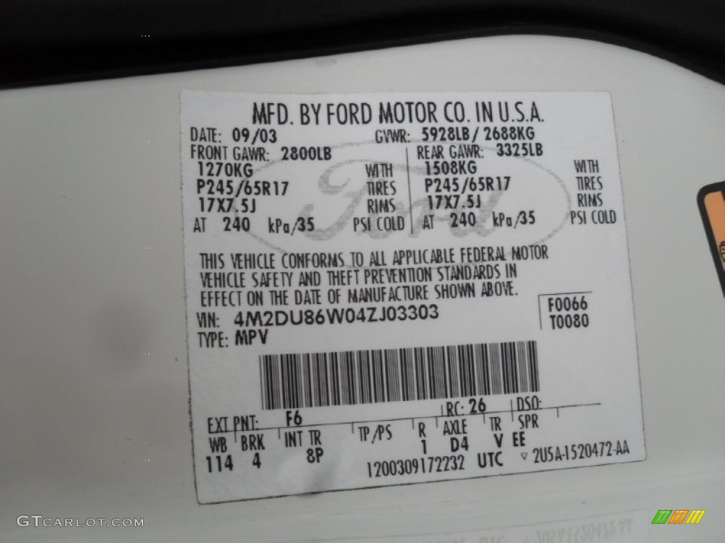 2004 Mountaineer Color Code F6 for Ceramic White Pearl Photo #56380567
