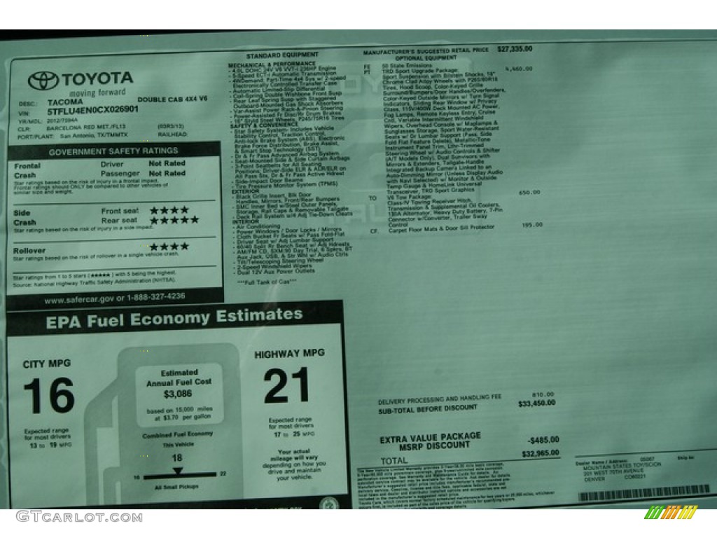 2012 Toyota Tacoma V6 TRD Sport Double Cab 4x4 Window Sticker Photo #56387320