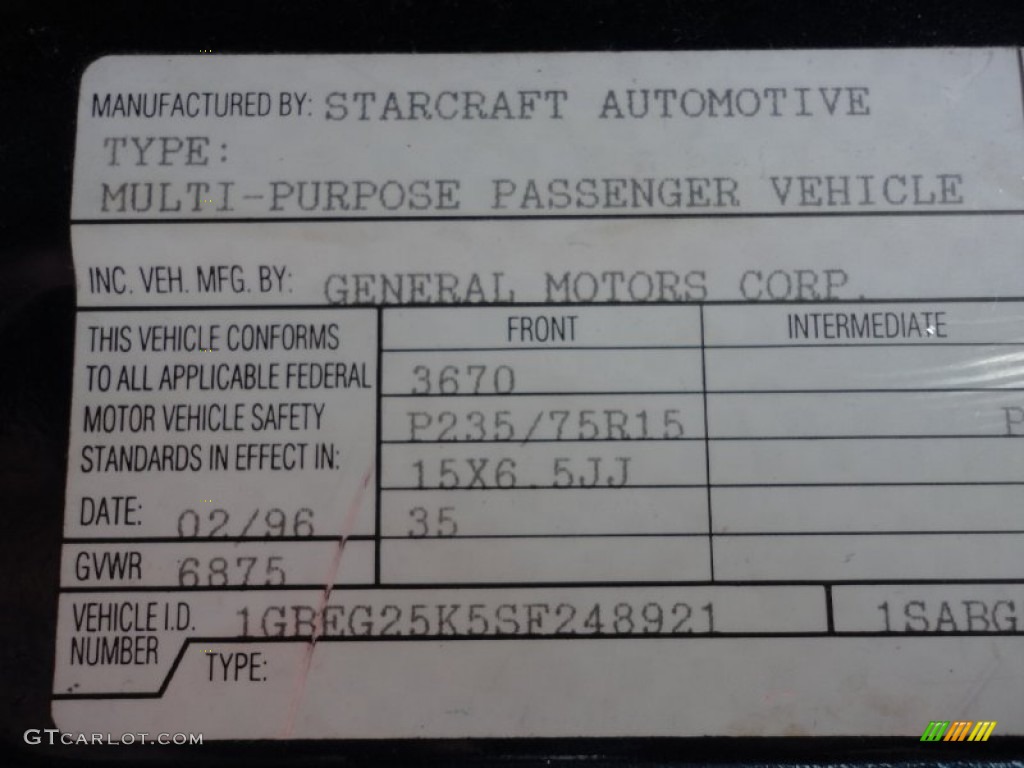 1995 Chevrolet Chevy Van G20 Passenger Conversion Info Tag Photo #56395750