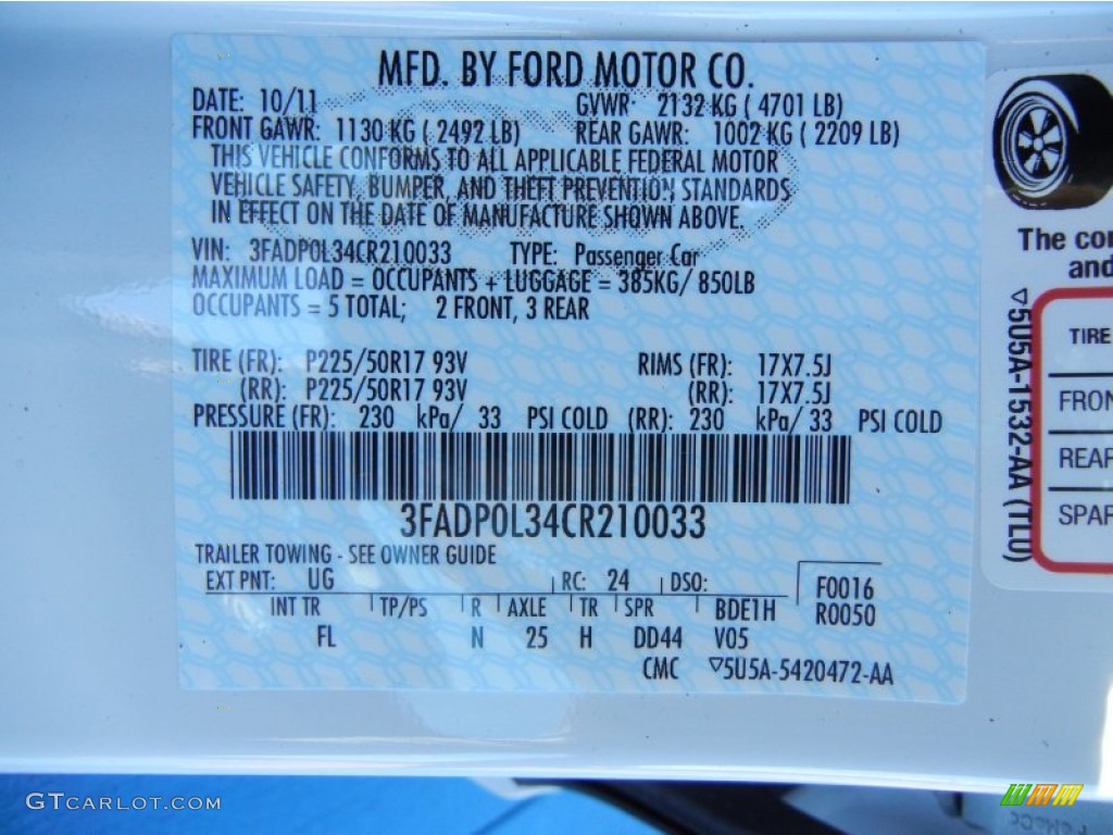 2012 Fusion Color Code UG for White Platinum Tri-Coat Photo #56400424