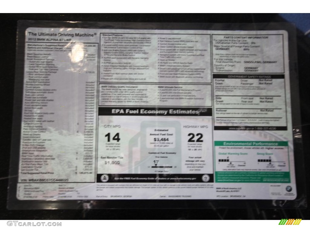 2012 BMW 7 Series Alpina B7 LWB Window Sticker Photo #56405371