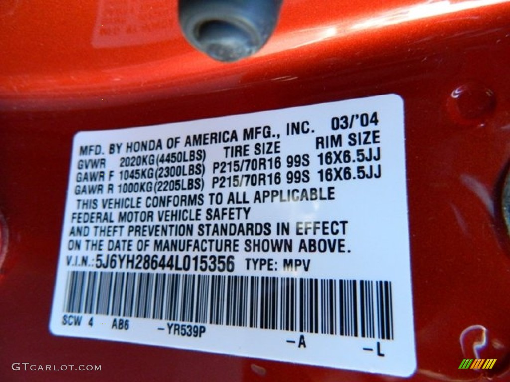 2004 Element Color Code YR539 for Sunset Orange Pearl Photo #56406469