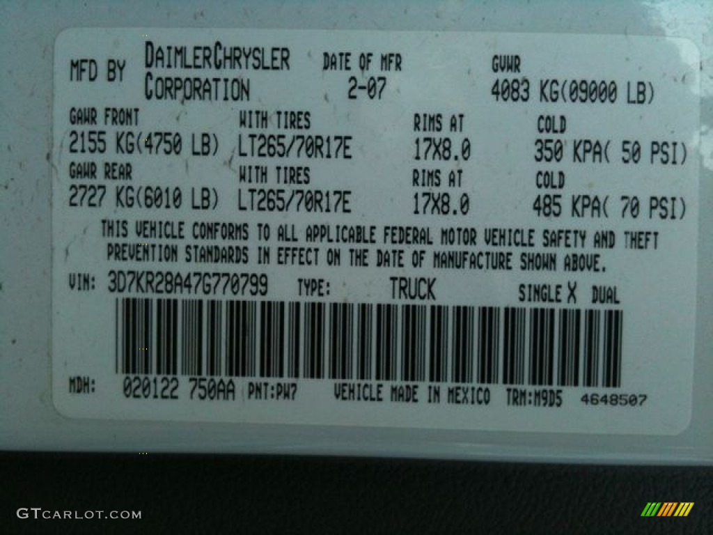 2007 Ram 2500 Color Code PW7 for Bright White Photo #56410084