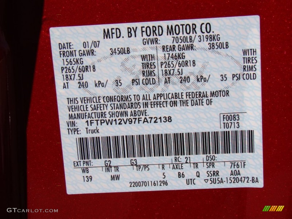2007 F150 Color Code G2 for Redfire Metallic Photo #56418535