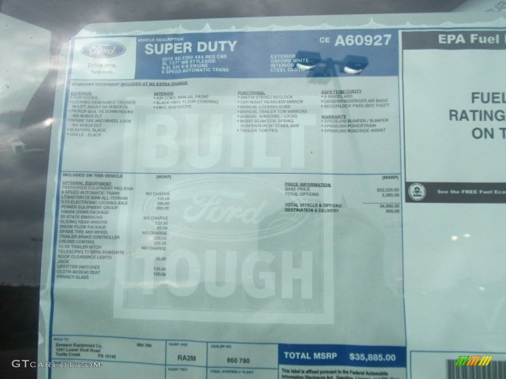 2012 Ford F350 Super Duty XL Regular Cab 4x4 Plow Truck Window Sticker Photo #56426710