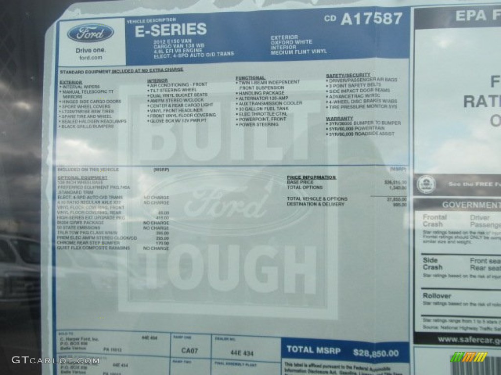 2012 Ford E Series Van E150 Cargo Window Sticker Photo #56427076