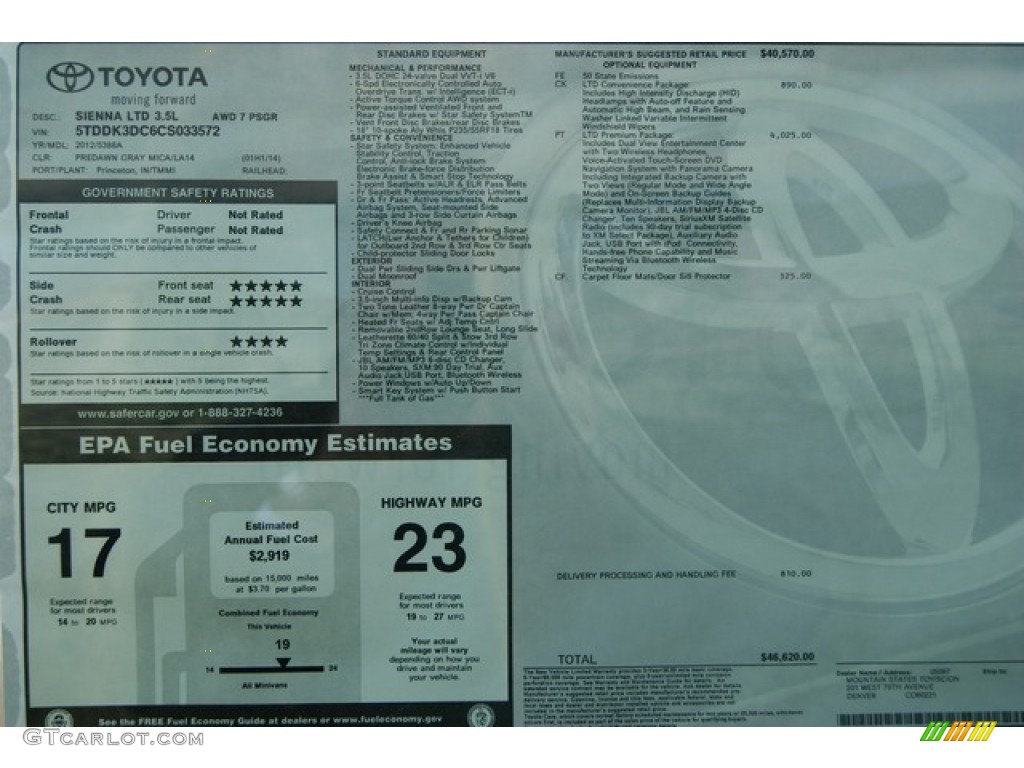 2012 Toyota Sienna Limited AWD Window Sticker Photo #56465639