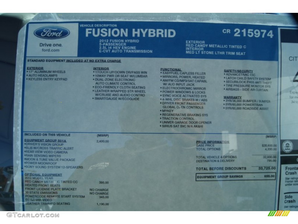 2012 Ford Fusion Hybrid Window Sticker Photo #56472263
