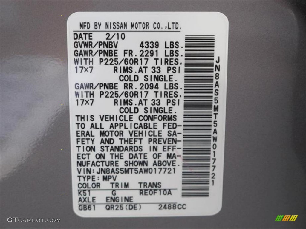 2010 Rogue Color Code K51 for Gotham Gray Photo #56479482