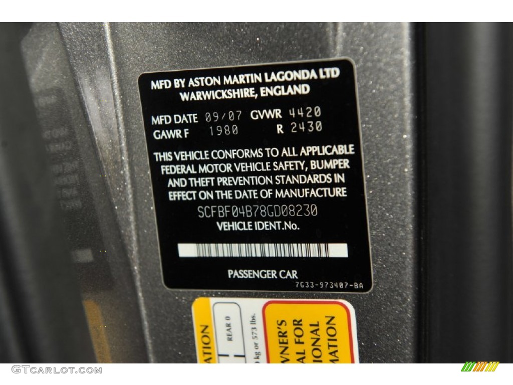 2008 Aston Martin V8 Vantage Roadster Info Tag Photo #56486277