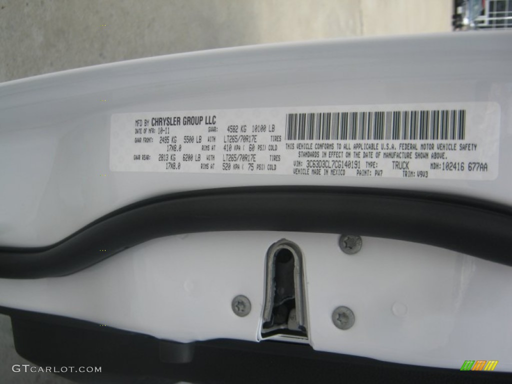 2012 Ram 3500 HD Color Code PW7 for Bright White Photo #56491950