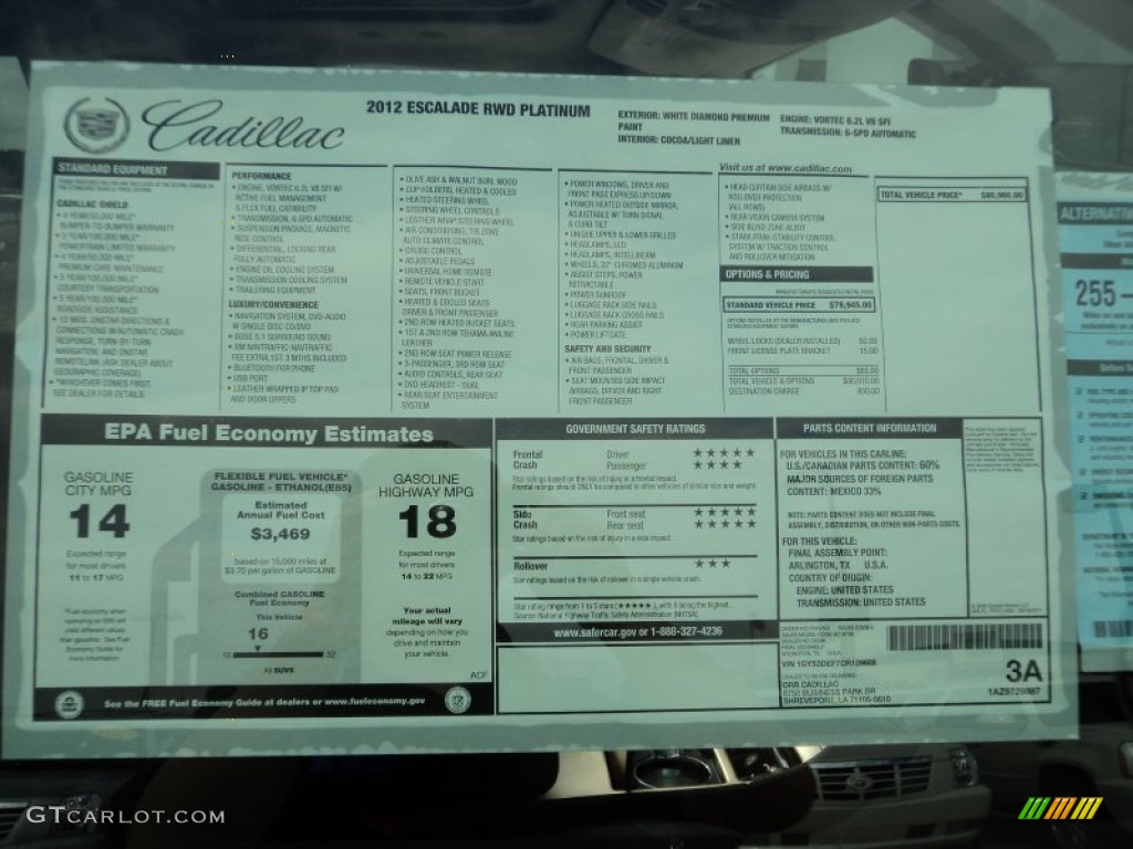 2012 Cadillac Escalade Platinum Window Sticker Photo #56497353