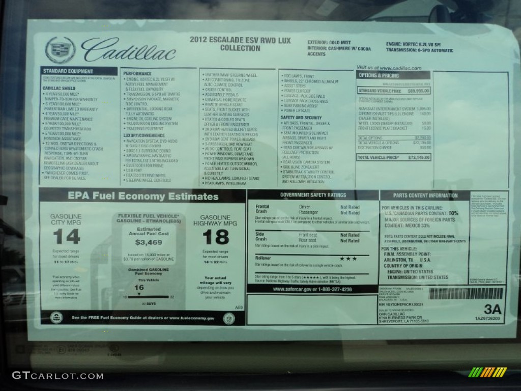 2012 Cadillac Escalade ESV Luxury Window Sticker Photo #56497704