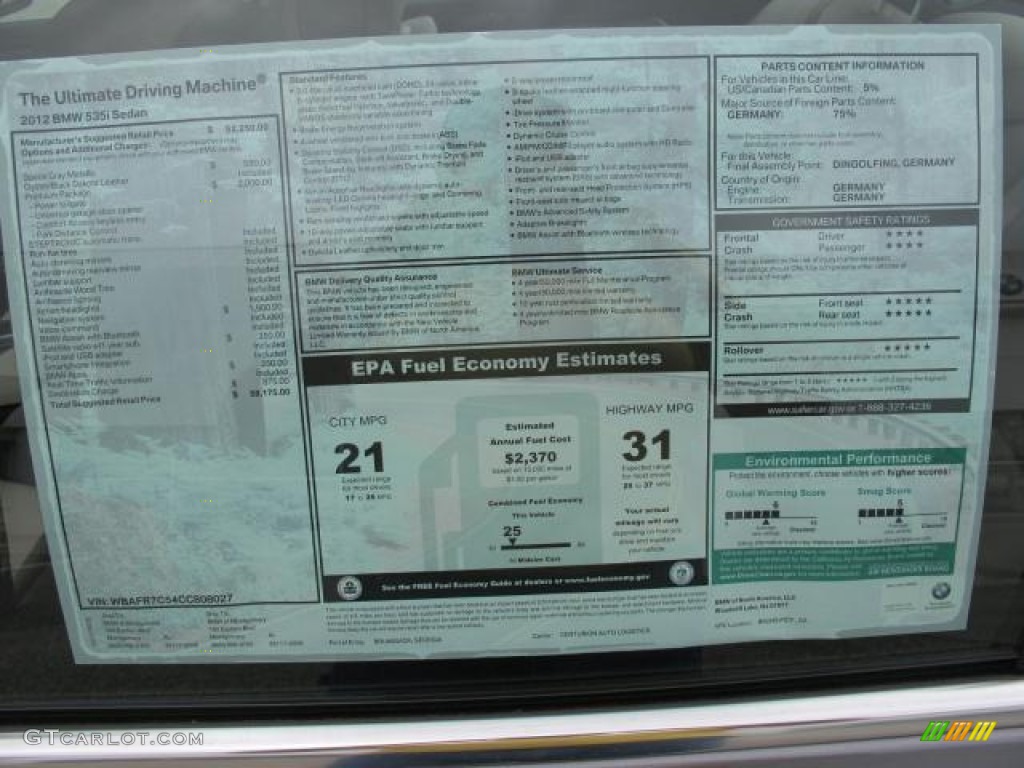 2012 BMW 5 Series 535i Sedan Window Sticker Photo #56504580