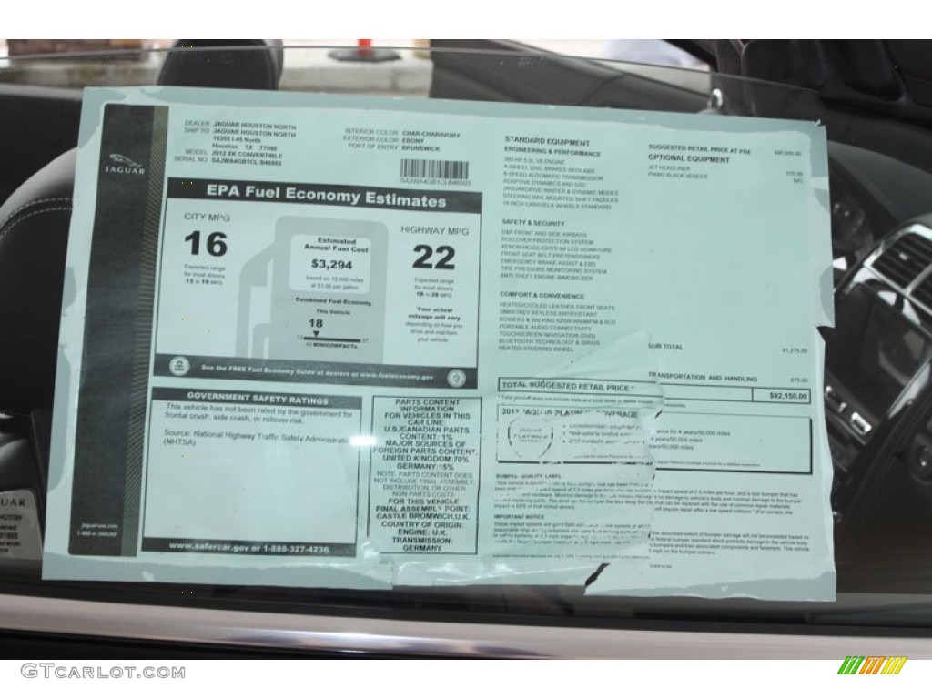 2012 Jaguar XK XK Convertible Window Sticker Photo #56515185