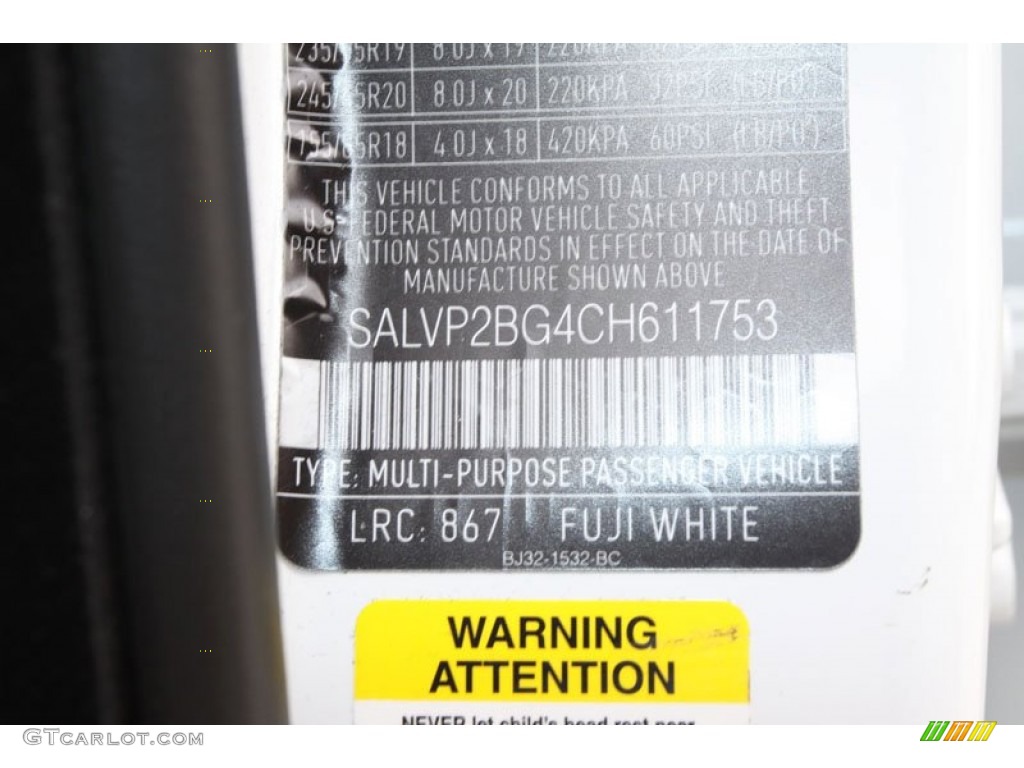 2012 Range Rover Evoque Color Code 867 for Fuji White Photo #56515429