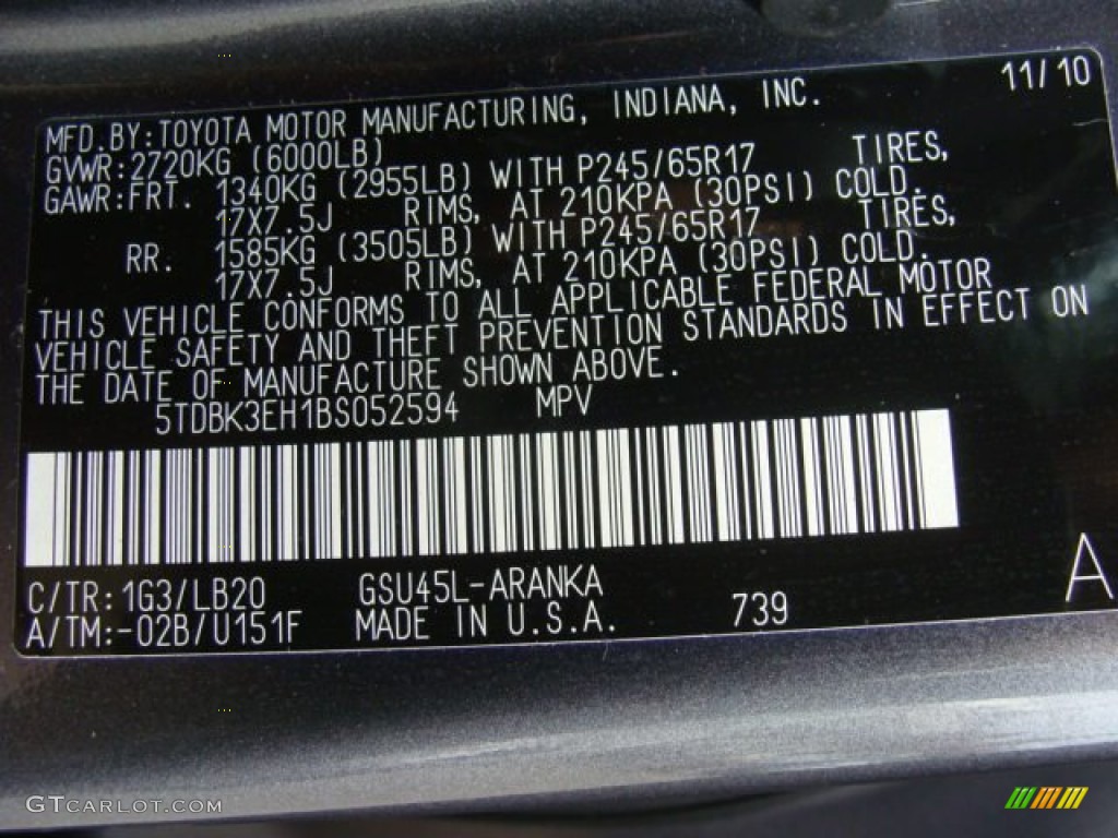 2011 Highlander Color Code 1G3 for Magnetic Gray Metallic Photo #56516789