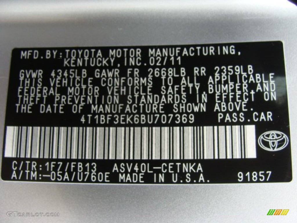 2011 Camry Color Code 1F7 for Classic Silver Metallic Photo #56517180