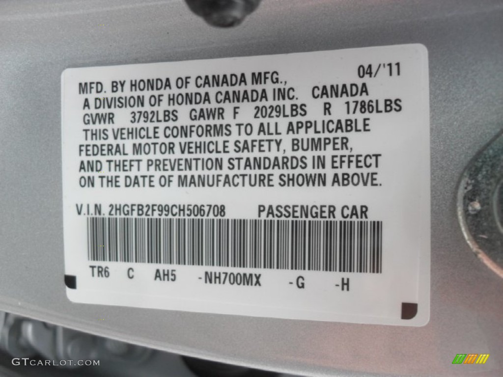 2012 Civic Color Code NH700MX for Alabaster Silver Metallic Photo #56521240