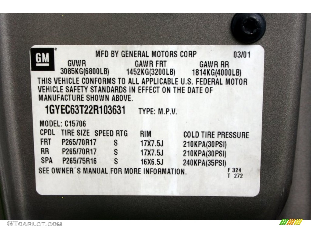 2002 Cadillac Escalade Standard Escalade Model Info Tag Photos