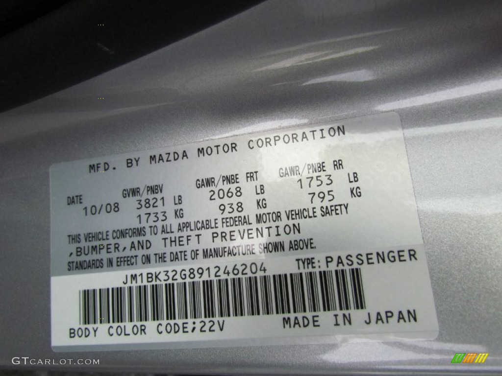 2009 MAZDA3 Color Code 22V for Sunlight Silver Metallic Photo #56533519