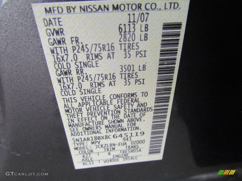 2008 Pathfinder Color Code K27 for Storm Gray Photo #56533651
