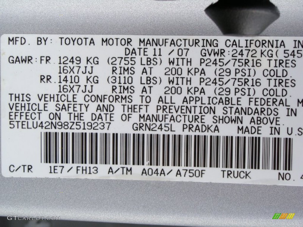 2008 Toyota Tacoma V6 SR5 Double Cab 4x4 Color Code Photos