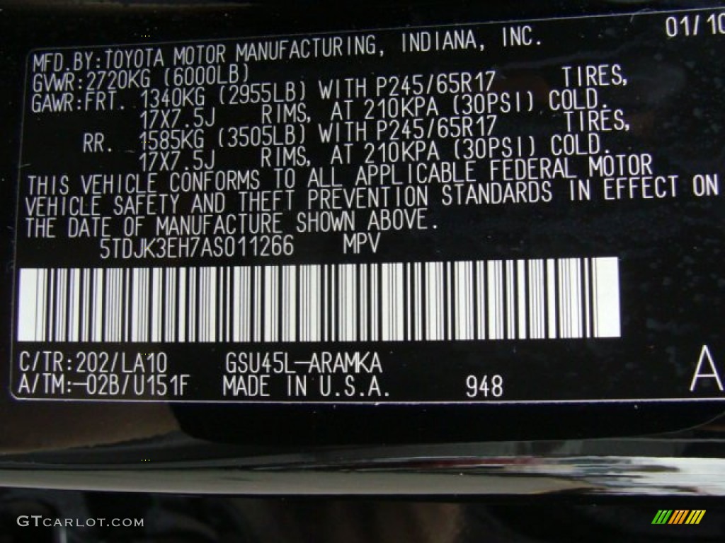 2010 Toyota Highlander SE 4WD Color Code Photos