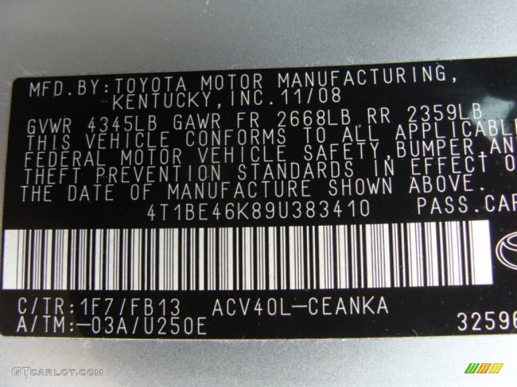 2009 Camry Color Code 1F7 for Classic Silver Metallic Photo #56536222