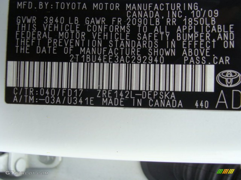 2010 Corolla Color Code 040 for Super White Photo #56536351