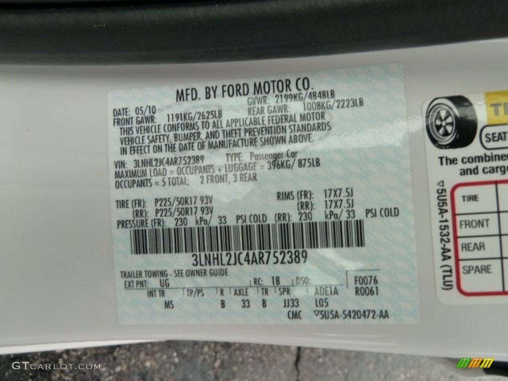 2010 MKZ Color Code UG for White Platinum Tri-Coat Photo #56537748