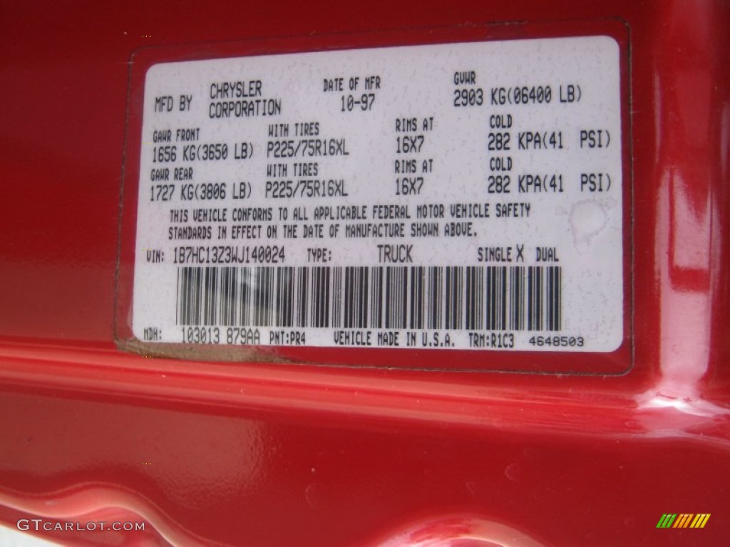 1998 Ram 1500 Color Code PR4 for Flame Red Photo #56540410