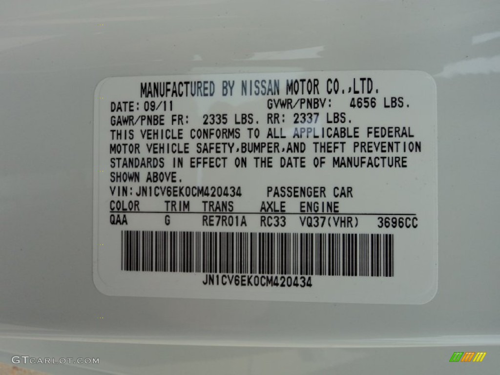 2012 G Color Code QAA for Moonlight White Photo #56551877