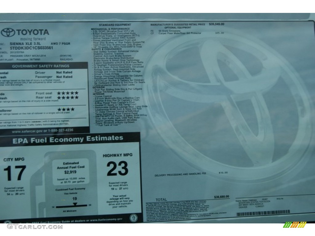 2012 Toyota Sienna XLE AWD Window Sticker Photo #56555428