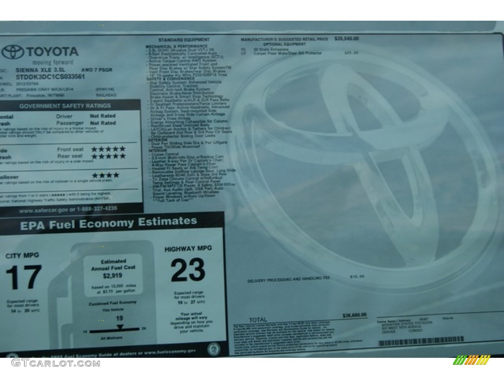 2012 Toyota Sienna XLE AWD Window Sticker Photo #56555428