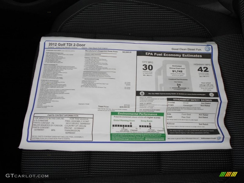 2012 Volkswagen Golf 2 Door TDI Window Sticker Photo #56572275