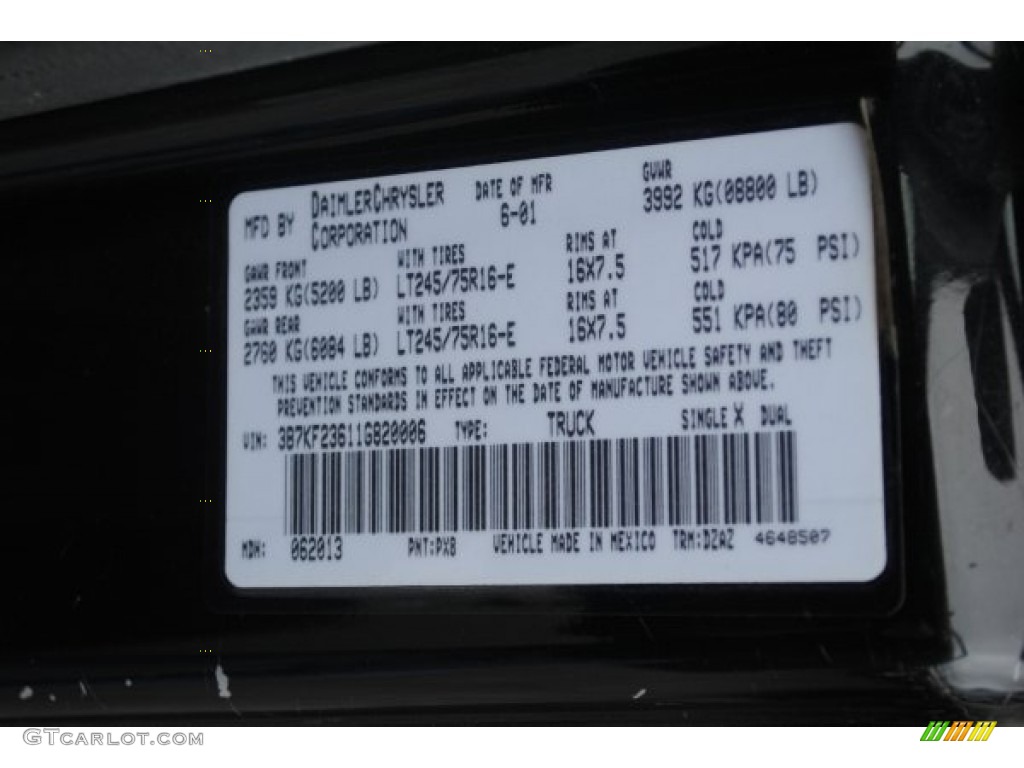 2001 Ram 2500 Color Code PX8 for Black Photo #56576850
