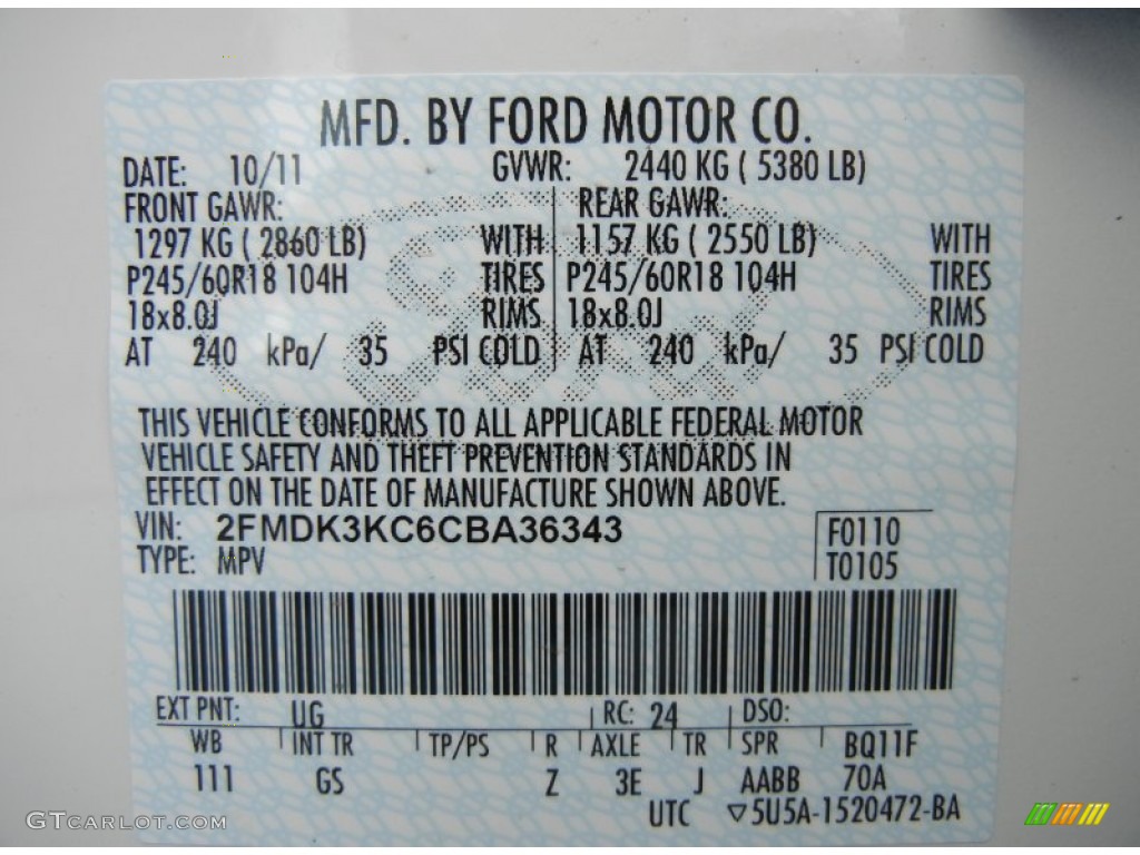 2012 Edge Color Code UG for White Platinum Metallic Tri-Coat Photo #56580238