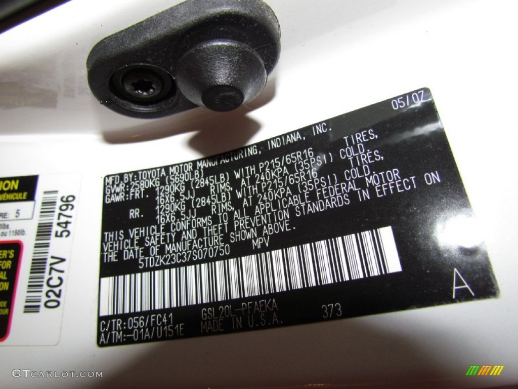 2007 Sienna Color Code 056 for Natural White Photo #56583369