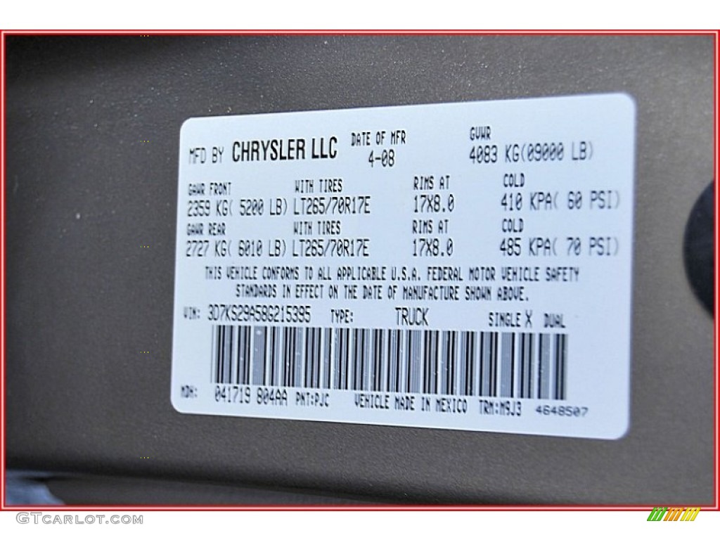 2008 Dodge Ram 2500 SXT Mega Cab 4x4 Color Code Photos