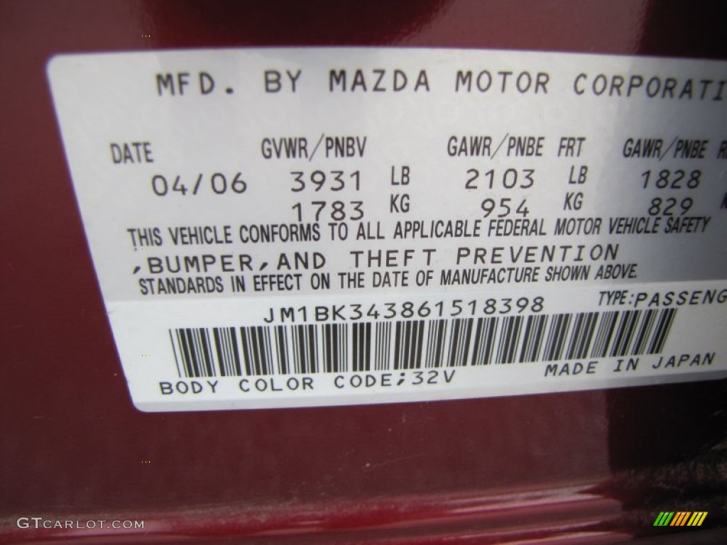 2006 MAZDA3 Color Code 32V for Copper Red Mica Photo #56595636