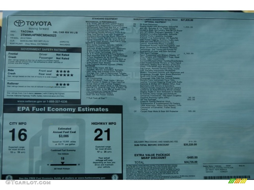 2012 Toyota Tacoma V6 TRD Sport Double Cab 4x4 Window Sticker Photo #56598219