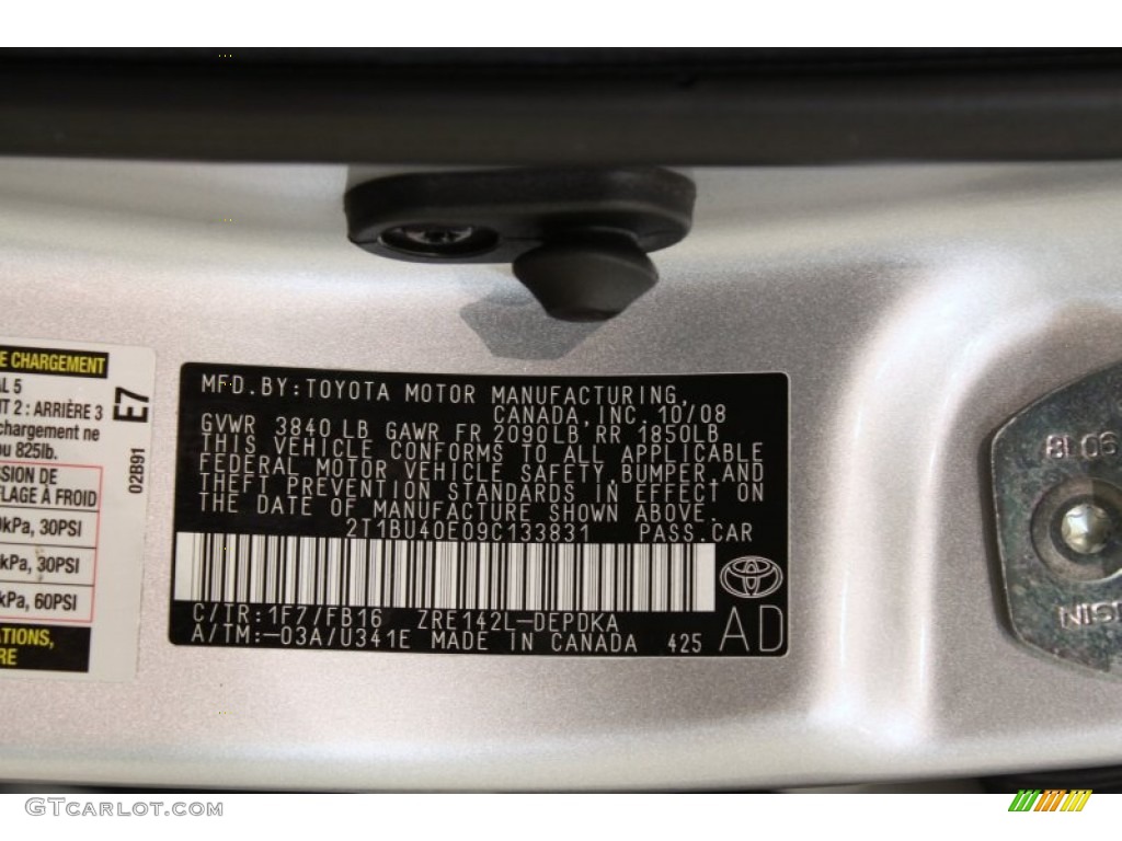 2009 Corolla Color Code 1F7 for Classic Silver Metallic Photo #56600316