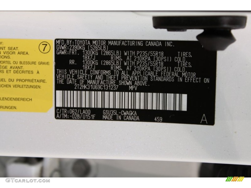 2009 RX Color Code 062 for Crystal White Mica Photo #56601669