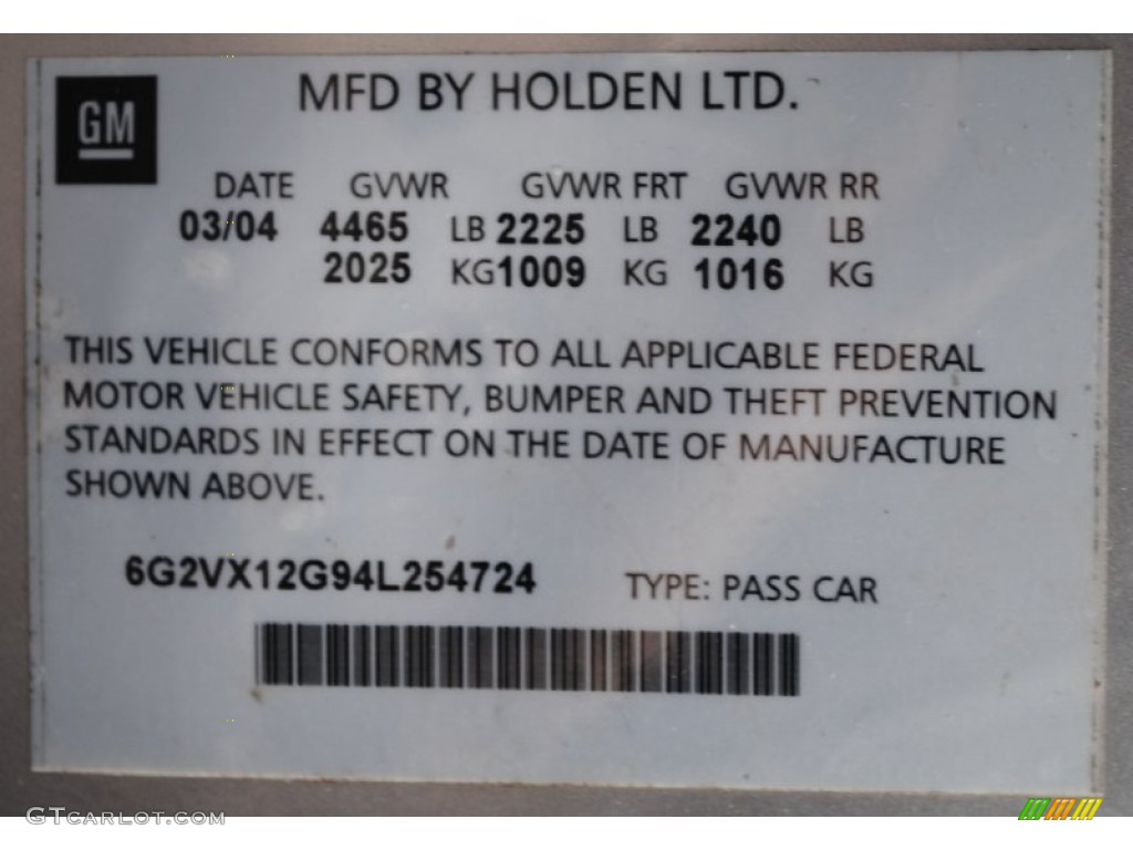 2004 Pontiac GTO Coupe Info Tag Photo #56608362