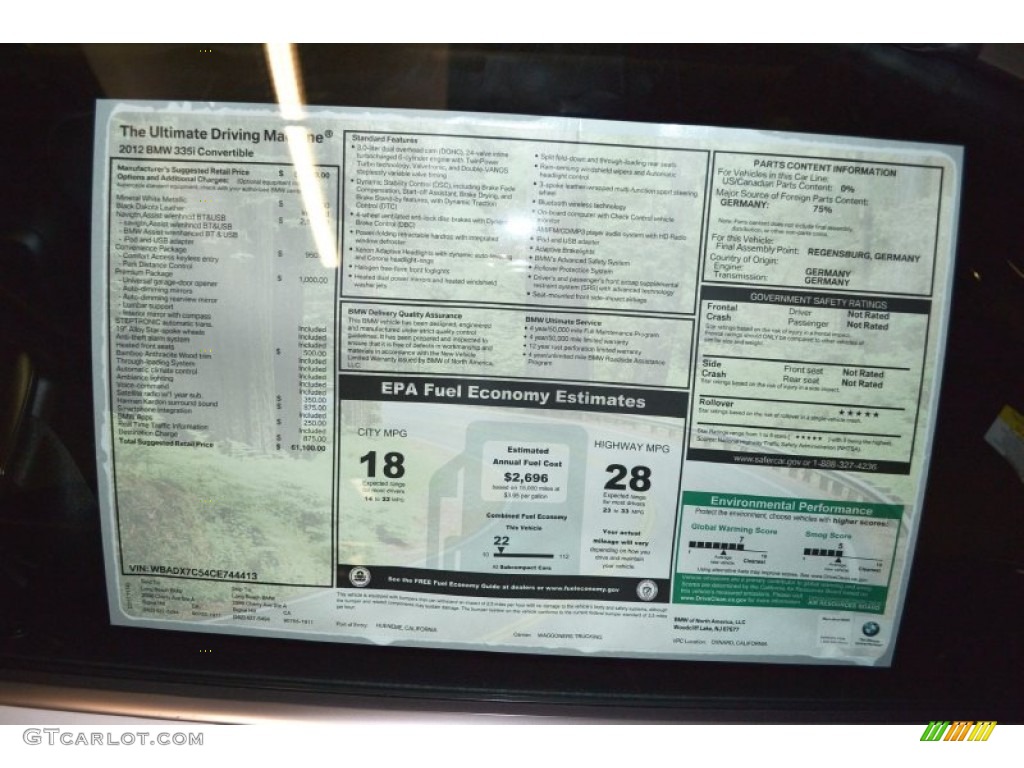 2012 BMW 3 Series 335i Convertible Window Sticker Photo #56624441
