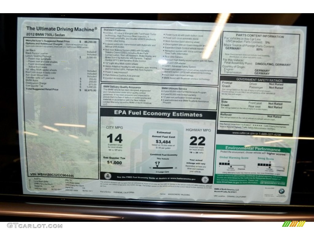 2012 BMW 7 Series 750Li Sedan Window Sticker Photo #56624615