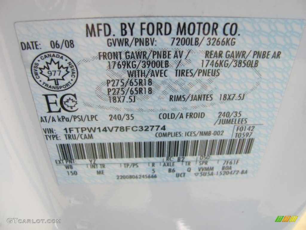 2008 F150 Color Code YZ for Oxford White Photo #56630076